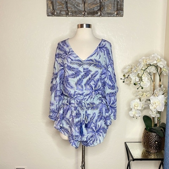 En Creme Blue/White Palm Romper Waist Tie Kimono M - Picture 2 of 6